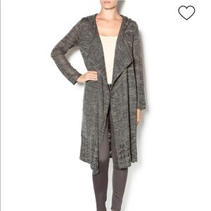 Cecico open front‎ open-weave back long line hooded cardigan heathered gray